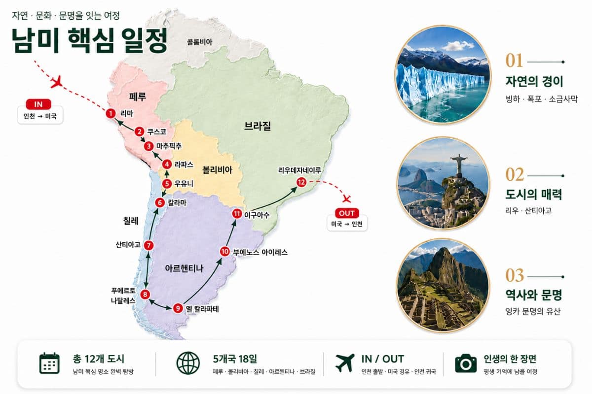 남미 5국 18일 여행 루트 — 12개 도시 완전 정복