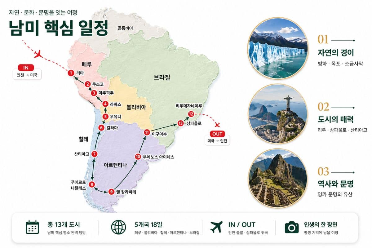 남미 5국 18일 여행 루트 — 13개 도시 완전 정복